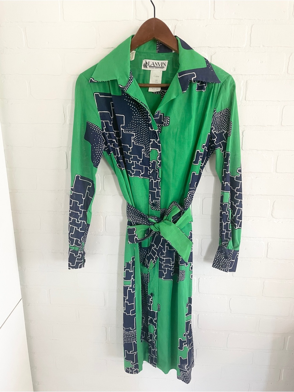 Rare 70s Lanvin Geometric Cotton Midi Shirt Dress Belted Sz 12 - Picture 4 of 16